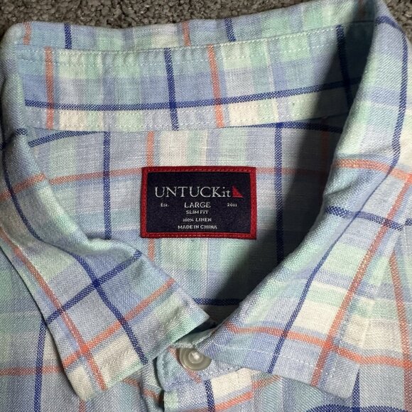 Untuckit 100% Linen Shirt Mens Large Blue Multi Plaid Stretch Lewis Short Sleeve - Picture 3 of 9